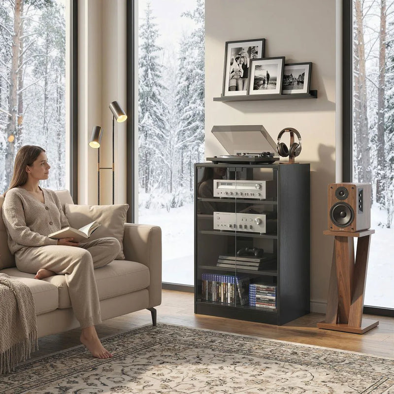 HOMCOM 4-Tier Hi-Fi Stand,  Record Player Stand with Adjustable Shelves and Push-to-Open Glass Doors, Black Wood-Effect