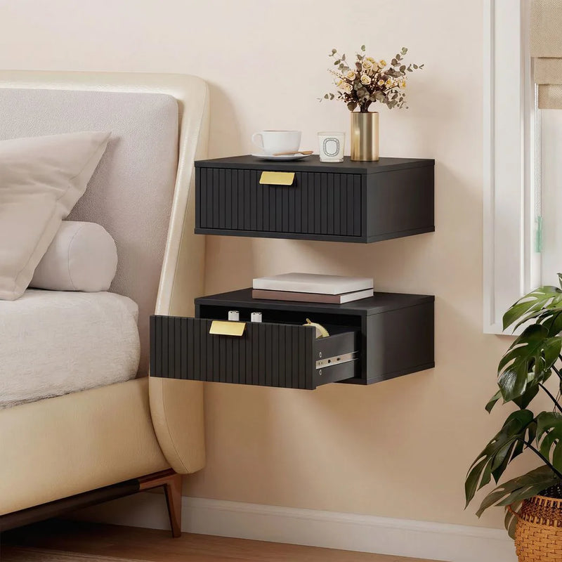 HOMCOM Modern Floating Nightstands Set of 2, Wall Mounted Bedside Tables with Wave Drawer Black