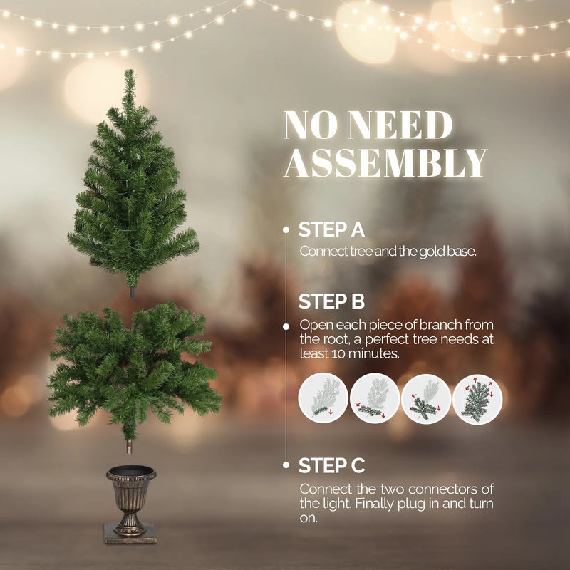 4 FT Pre-lit Artificial Christmas Tree with Trophy Shaped Base, Potted Xmas Tree with 120 Warm Lights, 211 Branch Tips and Remote Control for Holiday Party Office Home, Green