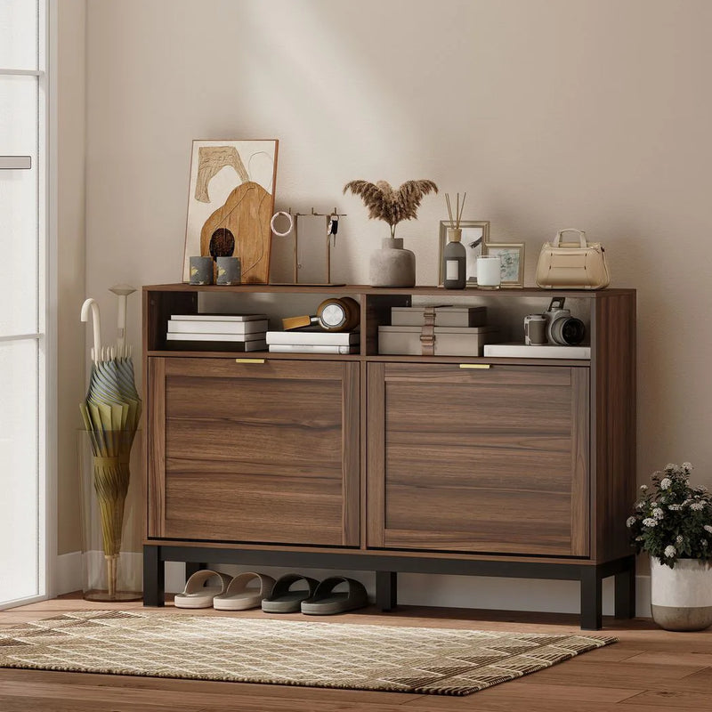 HOMCOM Shoe Cabinet with 2 Flip Drawers, Narrow Shoe Storage Top for Entryway Hallway, Rustic Brown