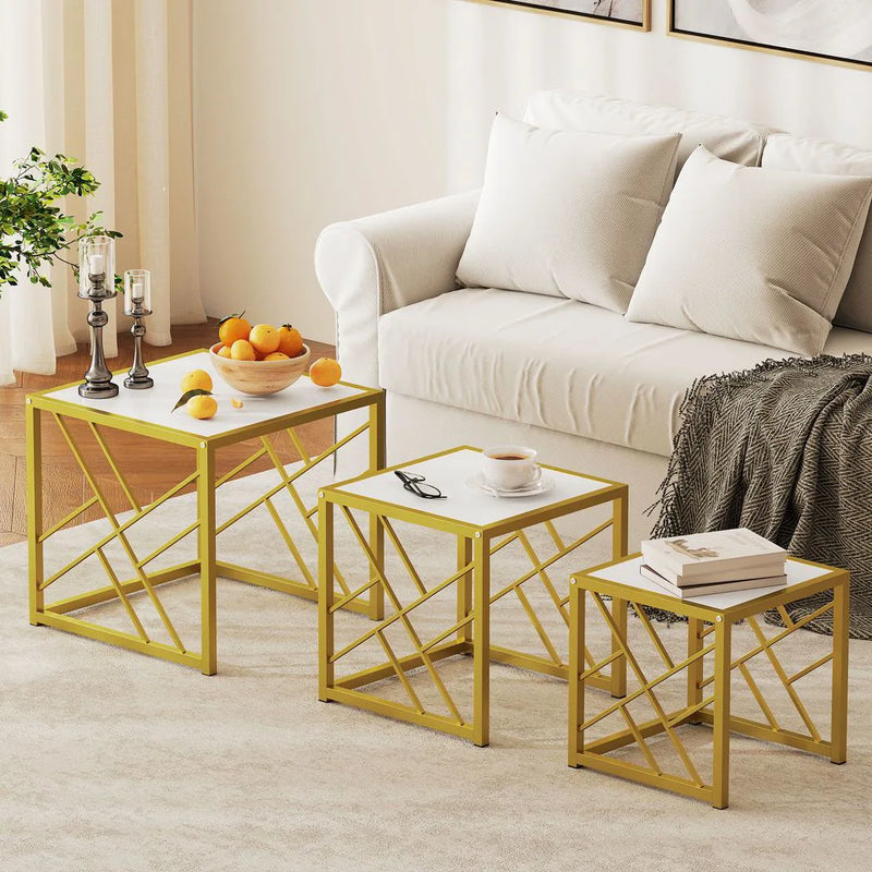 HOMCOM Nesting Coffee Tables, Set of 3 Square Side Tables with Gold Metal Frame, for Living Room, Bedroom and Office, White