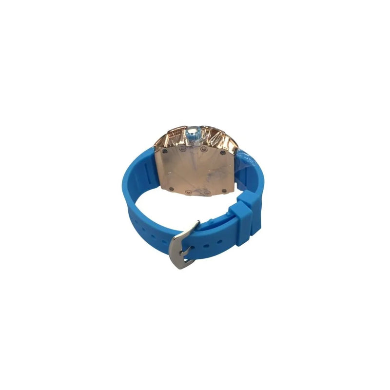 New Rubber Gents Rose Bling Fashion Quartz Movement Skeleton Clear Dial Blue Rubber Strap Watch