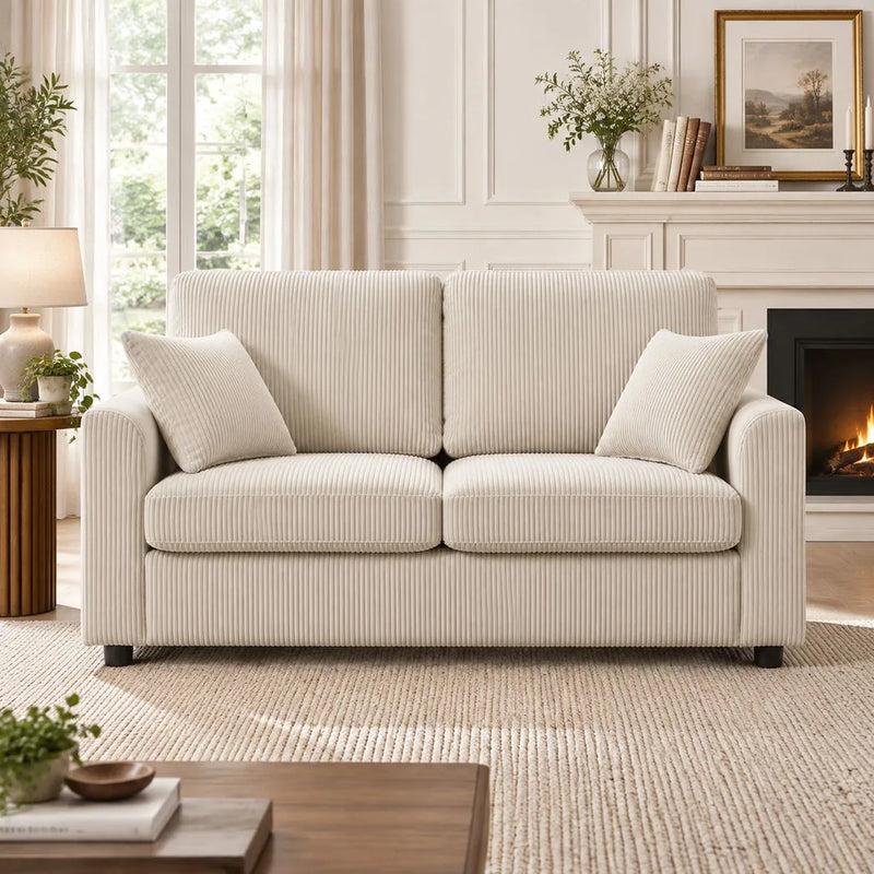HOMCOM 2 Seater Sofa, Corduroy Small Couch with Spring Cushion, Wide and Deep Seat, Beige