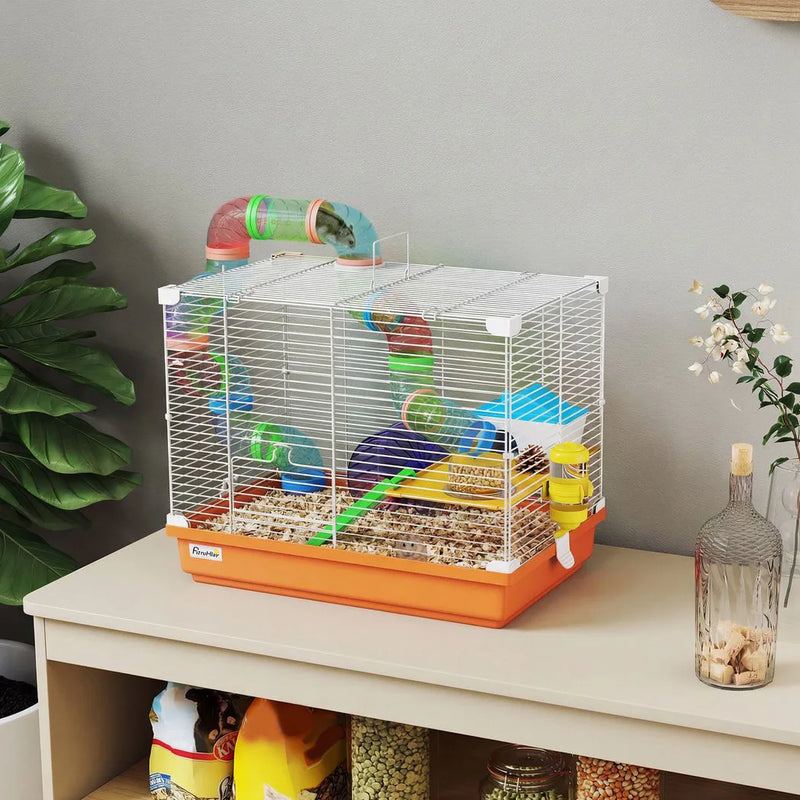 PawHut 2 Tier Hamster Cage, Gerbil Cage with Handle, Exercise Wheels, Tunnel, Water Bottle, Dishes, Ladder, for Dwarf