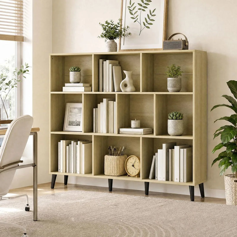 HOMCOM 10-Cube Bookcase, 3-Tier Book Shelf with Solid Wood Legs, 140 cm Modern Bookshelf with Anti-Tip Kit, Oak