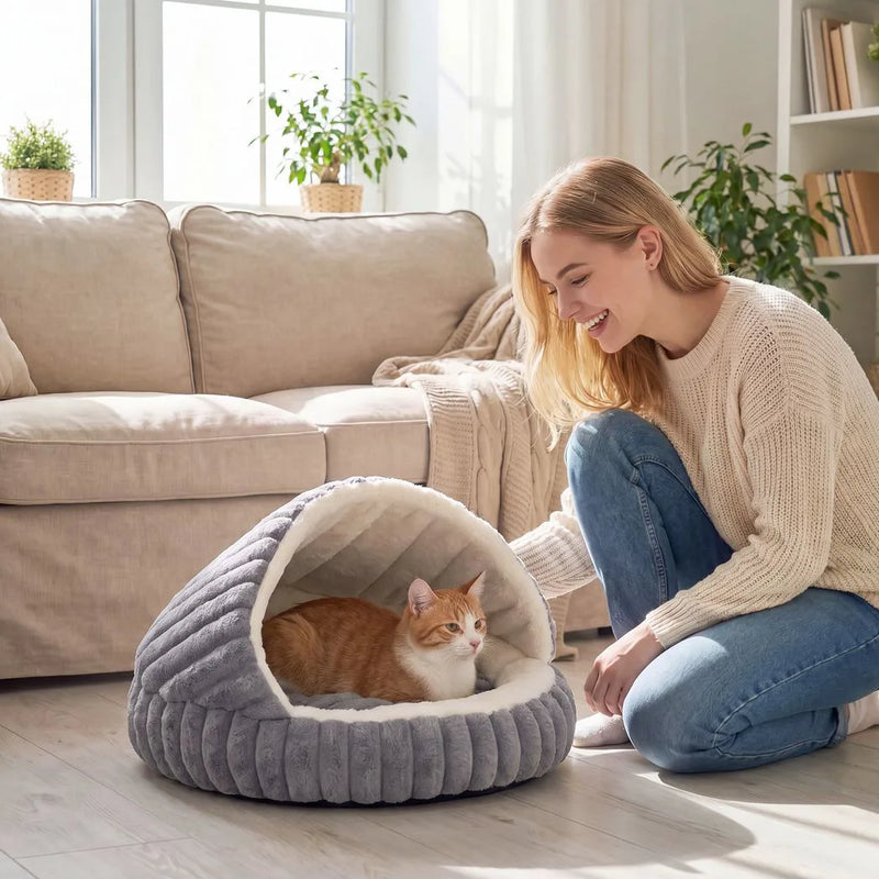 PawHut Cat Bed for Indoor Kittens, Cat Cave House with Non-Slip Bottom and Washable Cushion