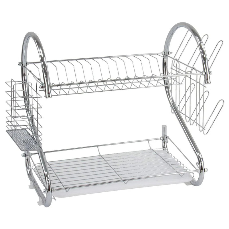 2 Tier Dish Drainer Rack With Cutlery Rack Holds Plates Mugs Cups Anti Slip Chrome Finish