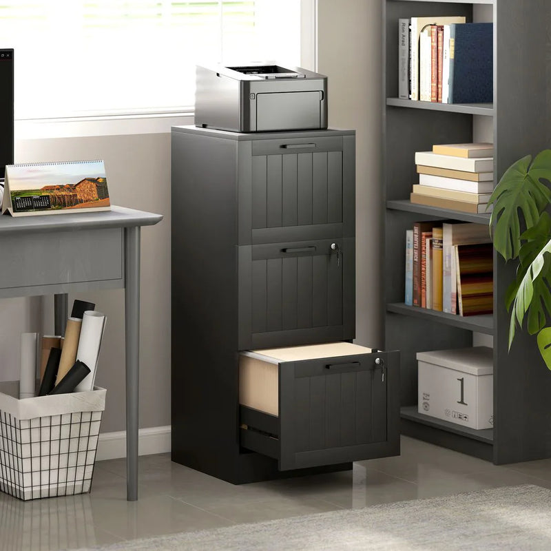 HOMCOM 3 Drawer Filing Cabinet with Lock, Office Storage Cabinet with Adjustable Hanging Bars for A4 Letter Size Files, Black