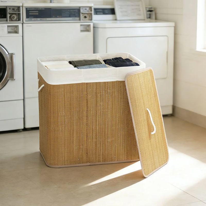 HOMCOM 3 Section Laundry Basket with Lid, 144L Bamboo Laundry Hamper with Handles, Removable and Washable Liner, Brown