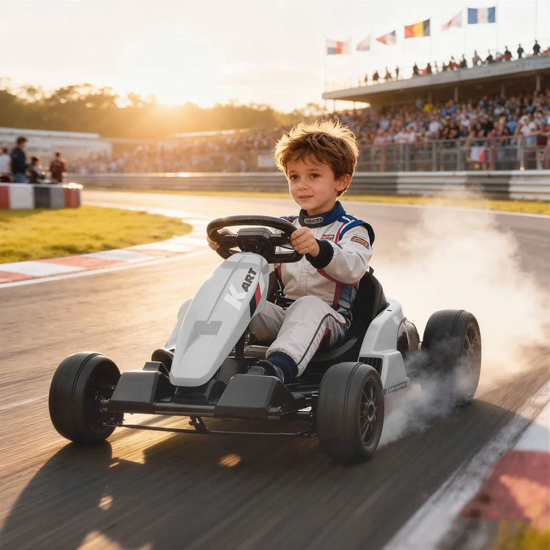 AIYAPLAY 24V Electric Go Kart, Drift Kart with Adjustable Seat, Slow Start, 5-Point Harness, Music, for 6-12 Years, White