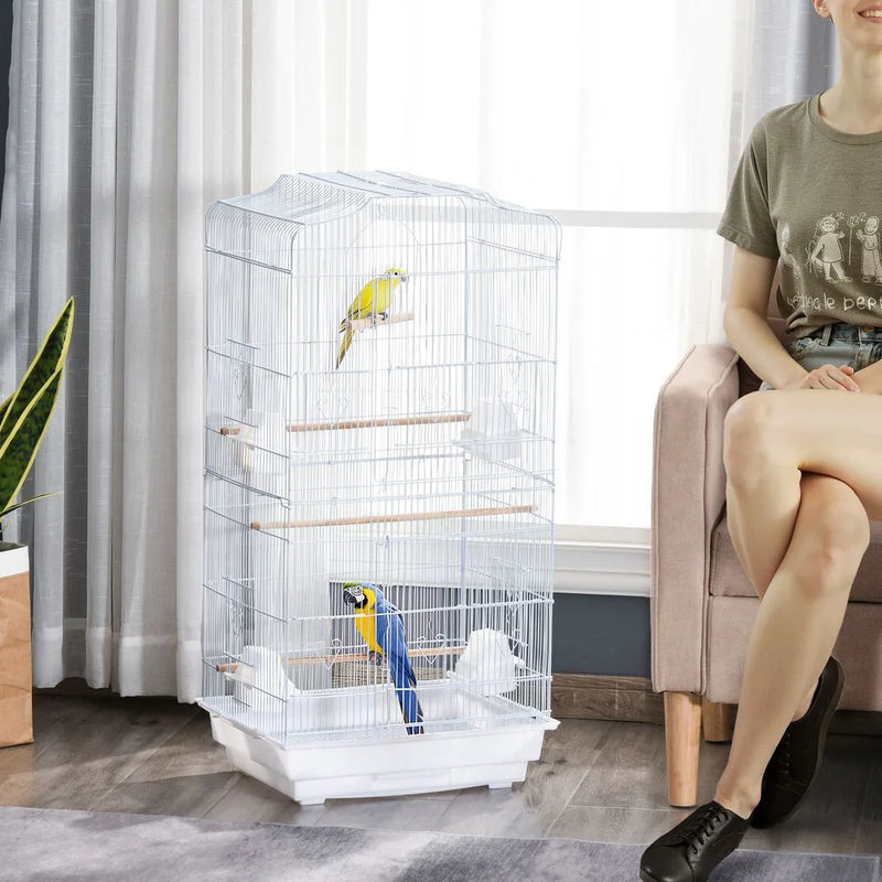 PawHut Large Metal Bird Cage with Perches, Food Bowls, Swing, for Budgies, Parakeets, White