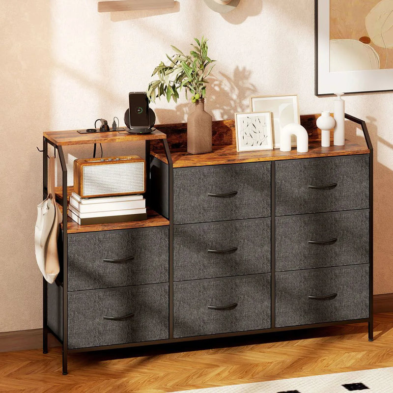 HOMCOM Chest of Eight Drawers, with Charging Station - Brown/Black