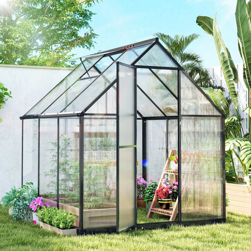 Outsunny 6 x 5.5ft Polycarbonate Greenhouse, Quick Setup Walk in Green House, Push Door, Adjustable Roof Vent, Rain Gutter, Black