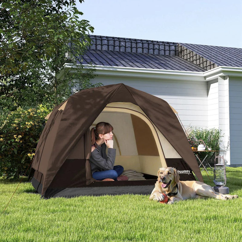 Outsunny Camping Tent, Easy Set Up 2-3 Man Tent with Sewn-in Groundsheet, 3000 mm Dome Tent w/ Mesh Windows, Brown