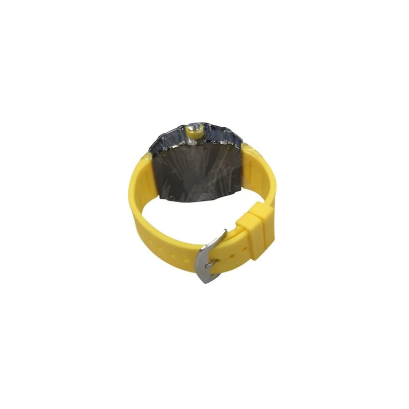 New Rubber Gents Black Screw Fashion Quartz Movement Dated Skeleton Clear Dial Yellow Rubber Strap Watch