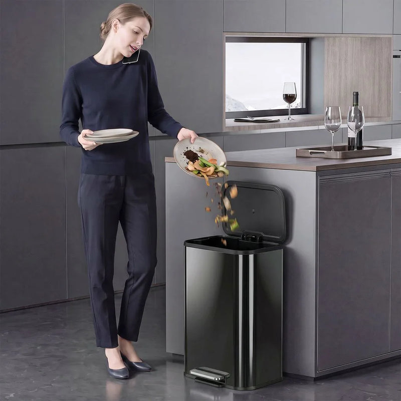 HOMCOM 50L Kitchen Bin, Metal Pedal Rubbish Bin with Soft Close and Stay-Open Lid, Removable Inner Bucket, High Gloss Black