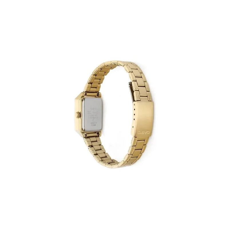 Casio Ladies Basic Water resistant Roman Number Golden Analogue Rectangle Dial Golden Stainless Steel Band Dress Watch