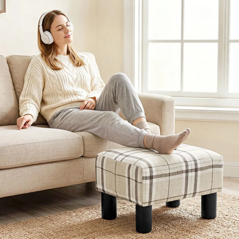 HOMCOM Linen Fabric Footstool Ottoman Cube with 4 Plastic Legs, Multi-colored