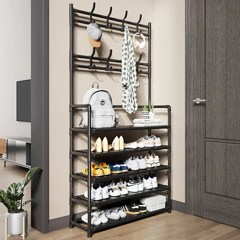 New Coat and Hat Stand 8 Hooks Metal Shoe Rack 5 Tiers Shelf Hanger Black