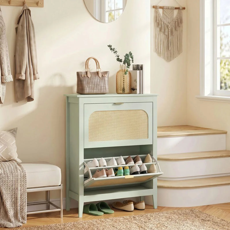 HOMCOM Narrow Shoe Cabinet, Boho Slim Shoe Storage Cabinet with 2 Flip Drawers, Holds 14 Pairs, Light Green