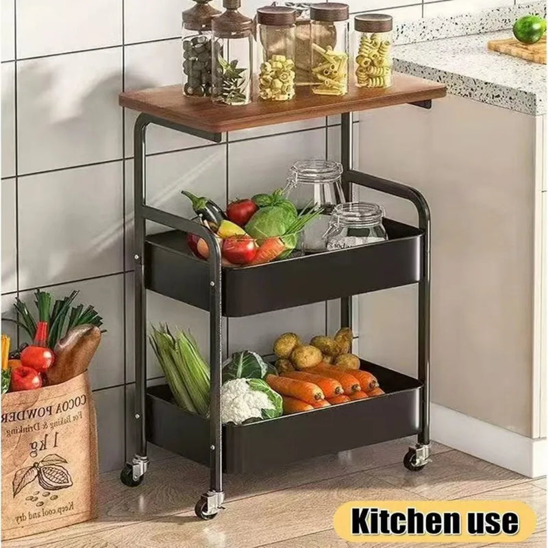3 Tier Rolling Cart with Wooden Tabletop, 30in Lightweight Utility Cart with Lockable Wheels, Rolling Storage Organizer Cart  for Kitchen, Office, Bedroom