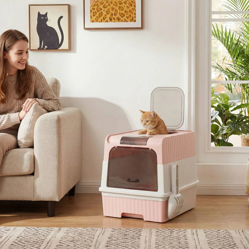 PawHut Enclosed Cat Litter Box with Lid, Pull-Out Drawer Tray, Scoop, 2 Deodorisation Bags, Front Entry & Top Exit, Pink