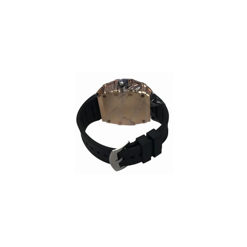 New Rubber Gents Rose Screw Fashion Quartz Movement Dated Skeleton Clear Dial Black Rubber Strap Watch