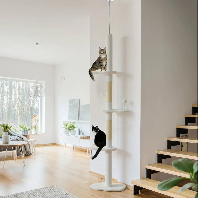 PawHut 225-255 cm Adjustable Cat Climbing Tower with Sisal Scratching Posts, 2 Hanging Play Balls and Anti-Tip Strap, Beige