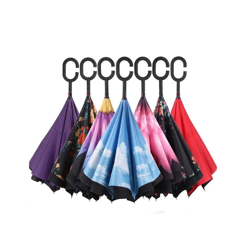 Reverse Inverted Double Layer Umbrella C Handle Assorted Designs