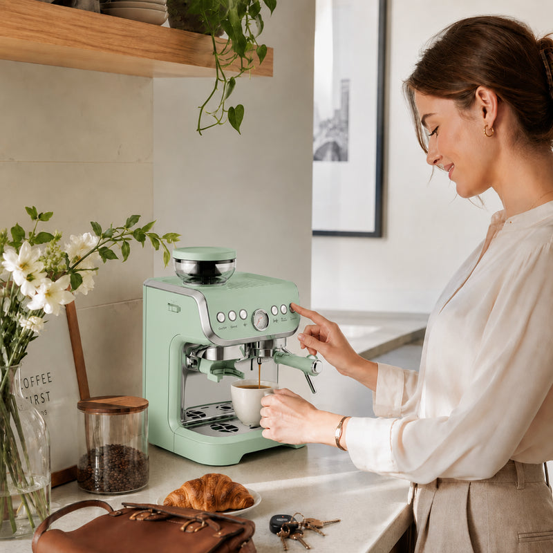HOMCOM 15 Bar Coffee Machine, with Adjustable Grind, Steamer and Accessories - Light Green