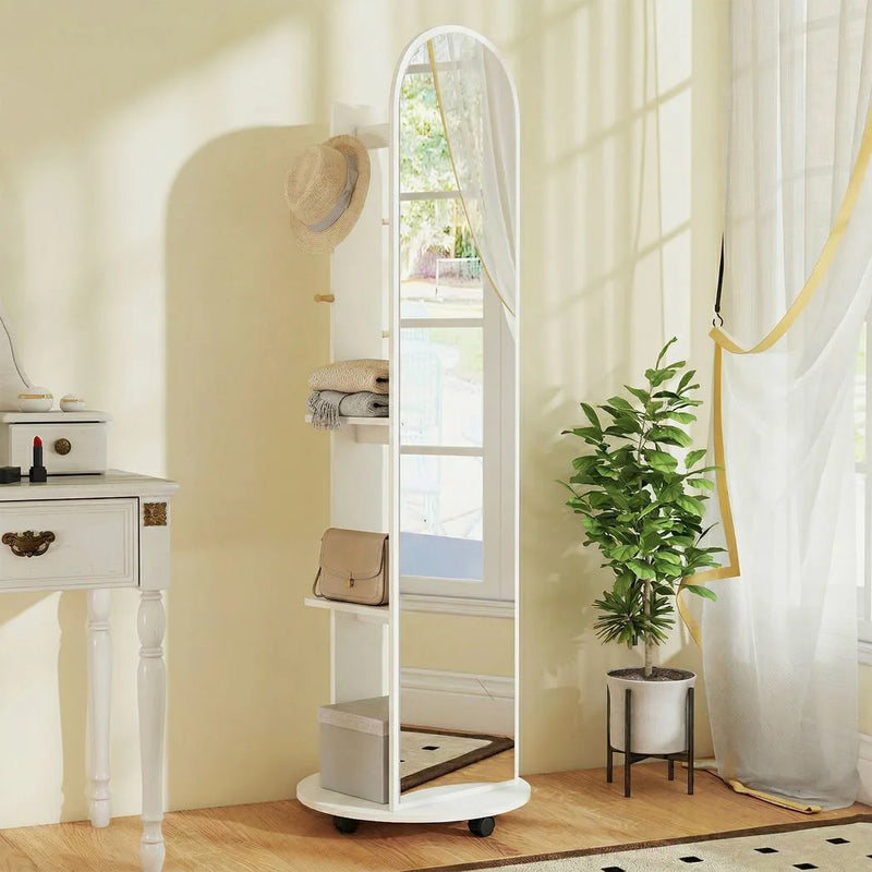 HOMCOM 2-in-1 Full Length Mirror with Storage Shelves, Floor Mirror with 4 Wheels, Coat Rack, Hooks, White