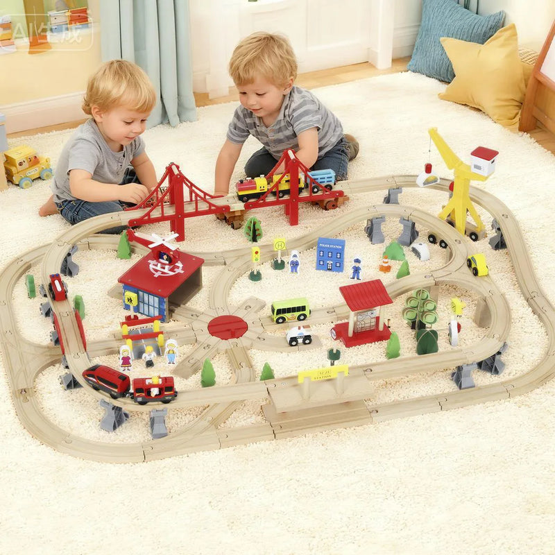 AIYAPLAY 133-Piece Wooden Train Set, Toy Train with Crane, Storage Box, for Kids Ages 3