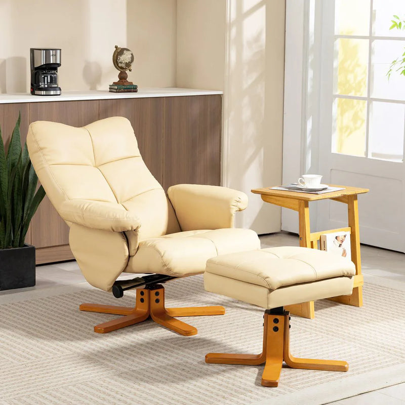 HOMCOM PU Leather Swivel Recliner Chair with Footstool, Wooden Base and Storage for Living Room, Beige