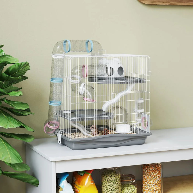 PawHut 3-Tier Hamster Cage with Exercise Wheels, Water Bottle, Food Dish, for Dwarf Hamsters, 45 x 30 x 45 cm, Grey