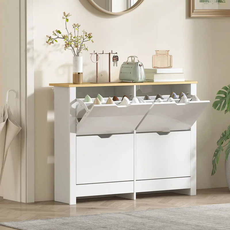 HOMCOM Slim Shoe Cabinet, Narrow Shoe Cupboard with 4 Flip Drawers, Adjustable Shelves for 16 Pairs of Shoes, White