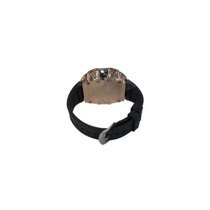 New Rubber Gents Rose Bling Fashion Quartz Movement Skeleton Clear Dial Black Rubber Strap Watch