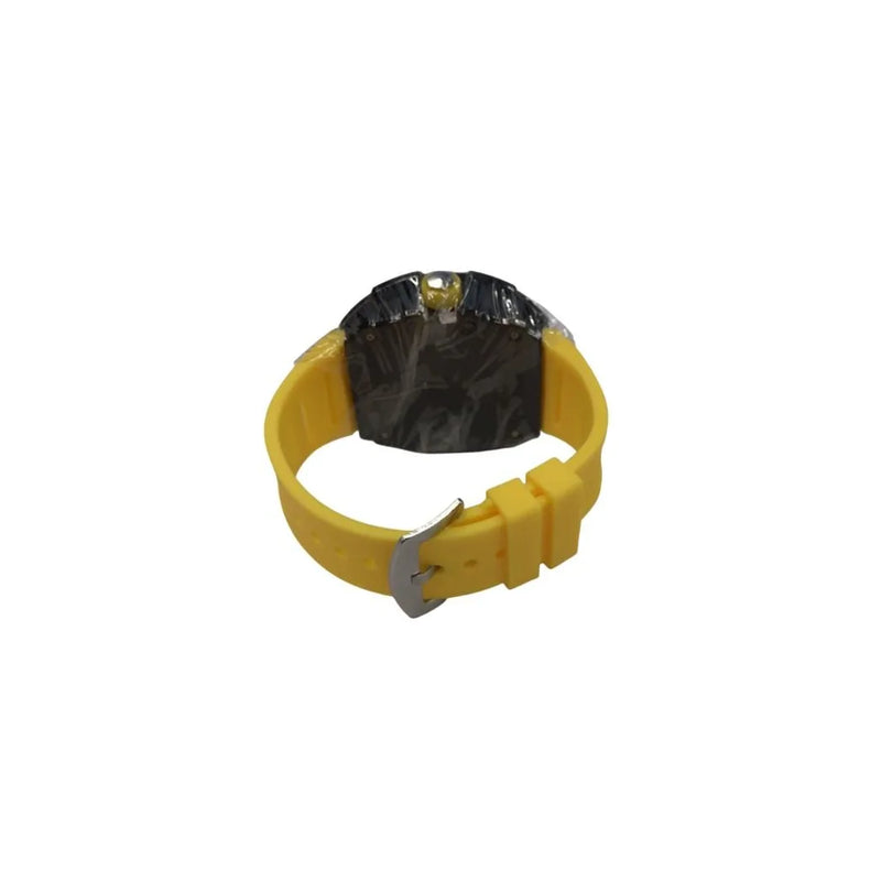 New Rubber Gents Black Bling Fashion Quartz Movement Skeleton Clear Dial Yellow Rubber Strap Watch