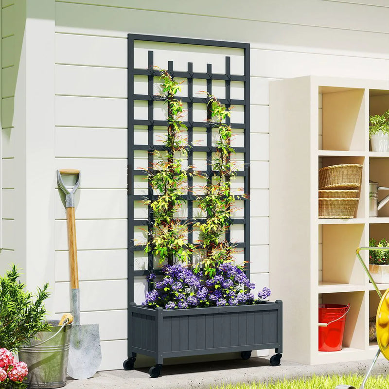 Outsunny Wooden Trellis Planter, Raised Garden Bed with Wheels, to Climb and Grow Vegetables, Herbs and Flowers, Grey