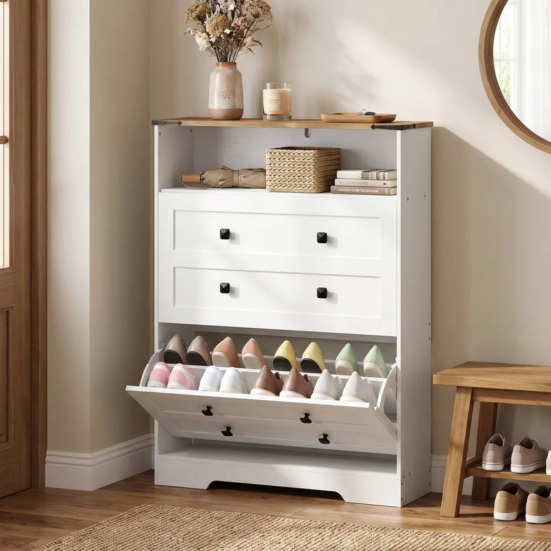 HOMCOM Shoe Cabinet with 2 Flip Drawers, Narrow Shoe Storage Cabinet, White
