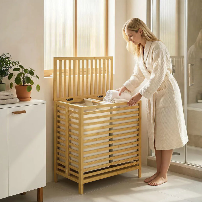 HOMCOM Bamboo Laundry Basket with Lid, 2 Baskets, Foldable, 64L, Natural and Cream White