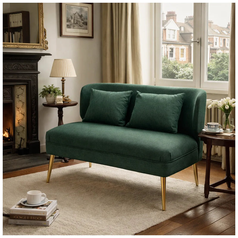 HOMCOM 2 Seater Sofa, Linen-look Fabric Small Sofa with Wing Back, Thick Seat, Metal Legs, Dark Green