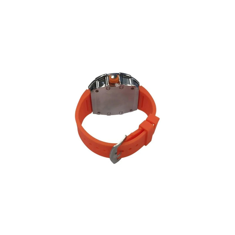New Rubber Gents Silver Bling Fashion Quartz Movement Skeleton Clear Dial Orange Rubber Strap Watch