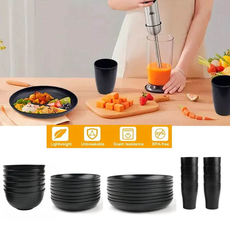 NEW Black Dinnerware Bowl Plates PP Round Dinner Set Tableware 32PCS/SET Home Party UK