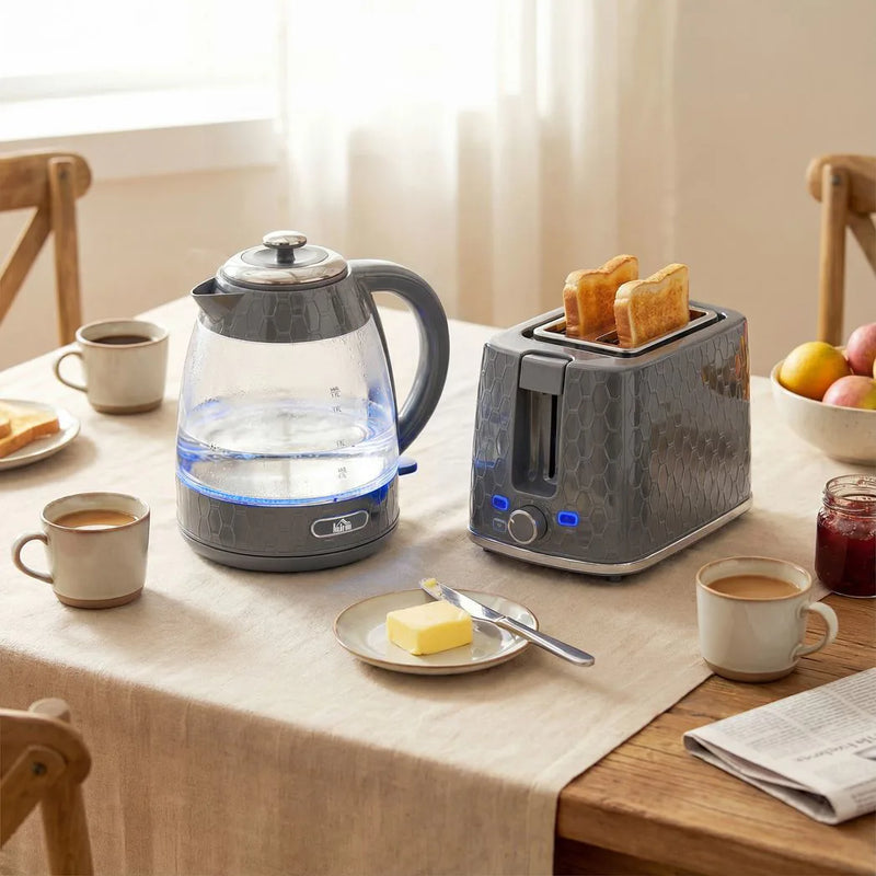 HOMCOM Kettle and Toaster Set, 1.7L 3000W Rapid Kettle with Limescale Filter, 2 Slice Toaster with 7 Browning Controls, Grey