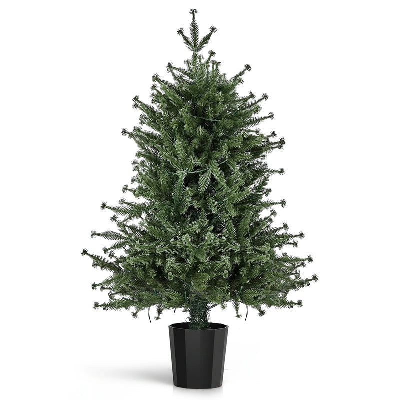 3FT Pre-Lit Artificial Christmas Tree, Green PE Mini Xmas Tree with 80 Warm White LED Lights (8 Modes), 100 Branch Tips, Black Round Pot Base, Battery Operated