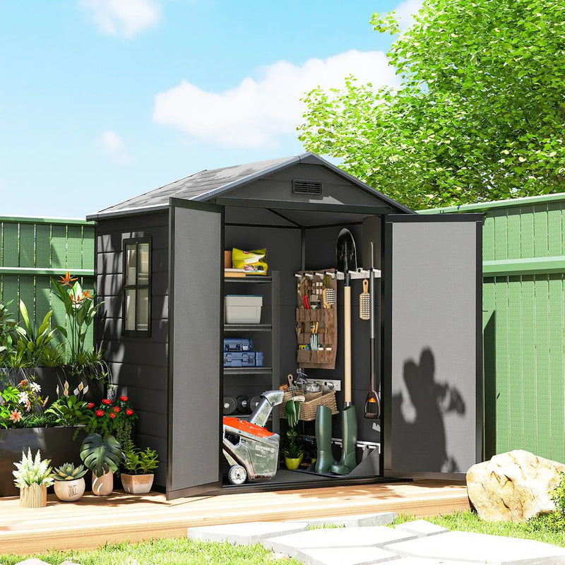 Outsunny 6'x4.5' Garden Storage Shed, Lockable Garden Shed with Double Doors, Window, Vent and Plastic Roof, Dark Grey
