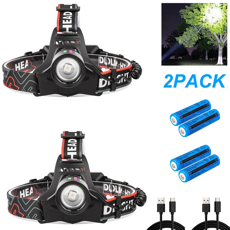 （2 Pack）USB Rechargeable LED Headlamp Zoomable 3-Modes Camping Hiking HeadLamp Worklight