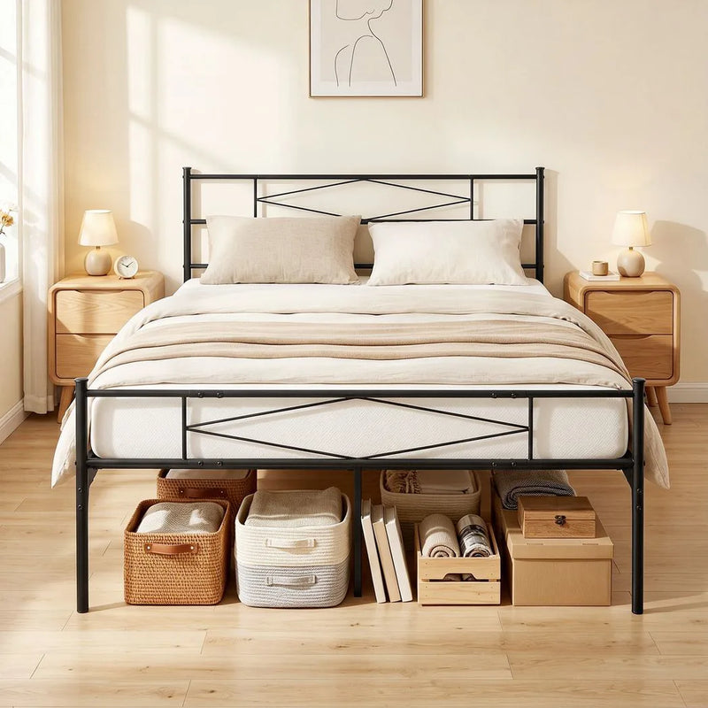 HOMCOM 5ft King Bed Frame with Headboard and Footboard, Metal Platform Bed Frame with 32 cm Underbed Storage, Black