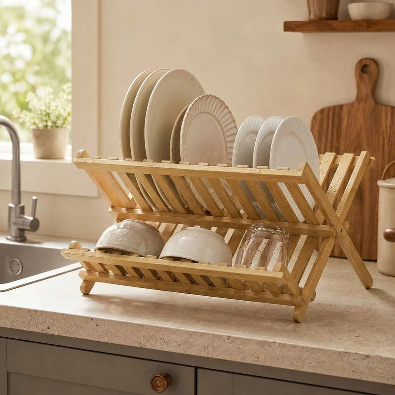 HOMCOM Kitchen Storage Unit, 2-Tier Foldable Kitchen Storage Rack with Slatted Draining Shelves, Natural Wood Finish