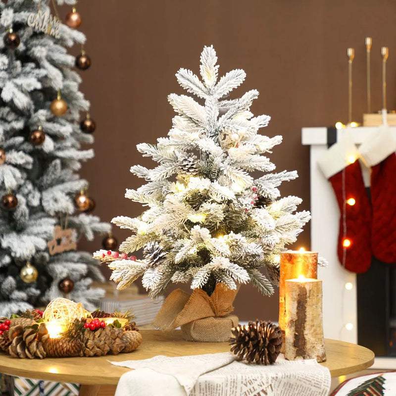 HOMCOM 60 cm Prelit Small Christmas Tree with 35 LED Lights, Snow Flocked Tabletop Mini Xmas Tree with Pine Cones, Berry Clusters and Linen Cover Base, Battery Operated, Green
